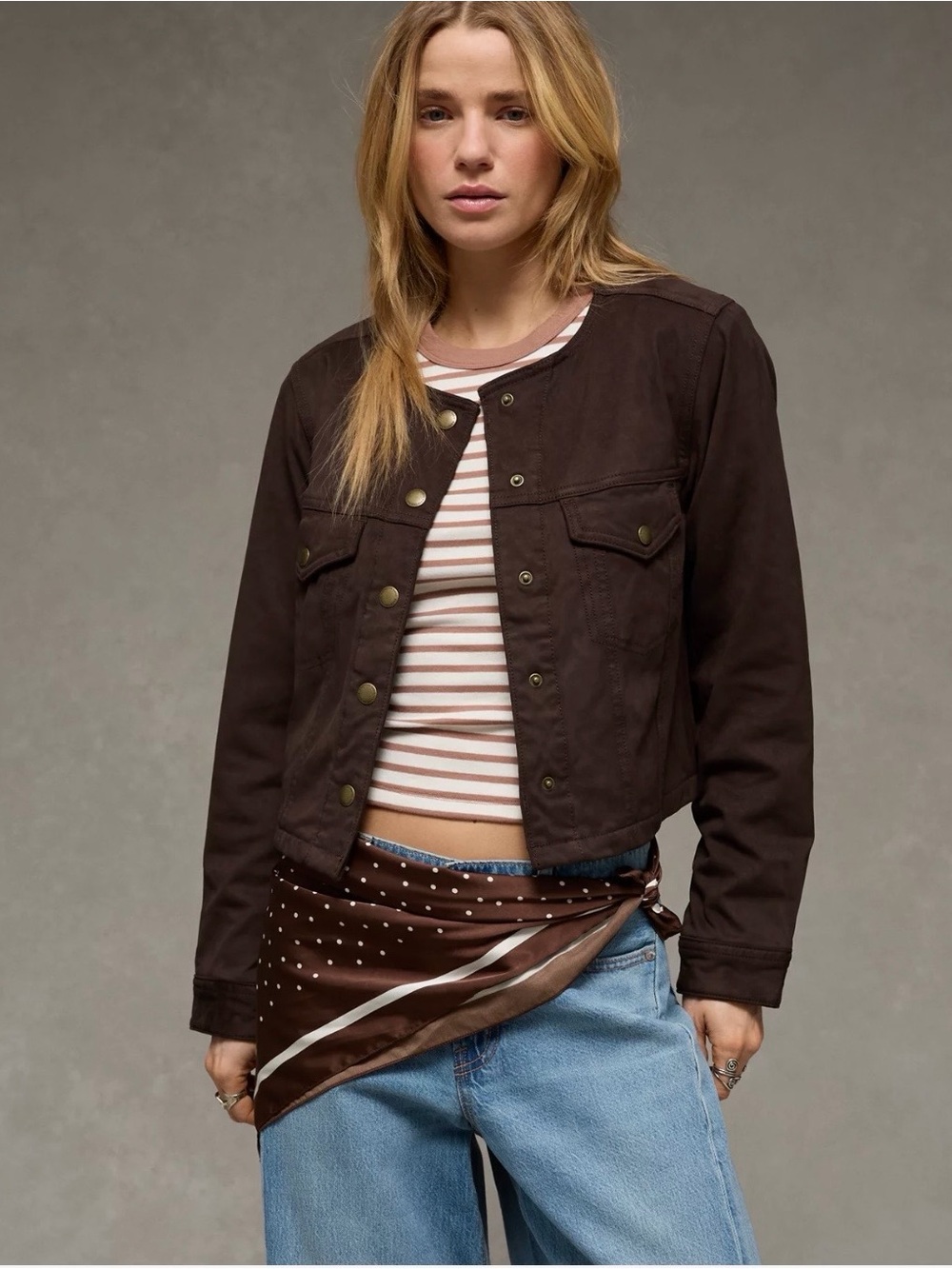 Cropped Toffee Brown Jean Jacket with Snap Front